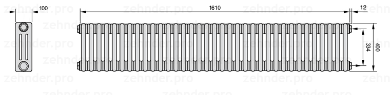 Схема (чертеж) Радиатор Zehnder Charleston 3040/35 №7610 Белый глянцевый RAL 9016